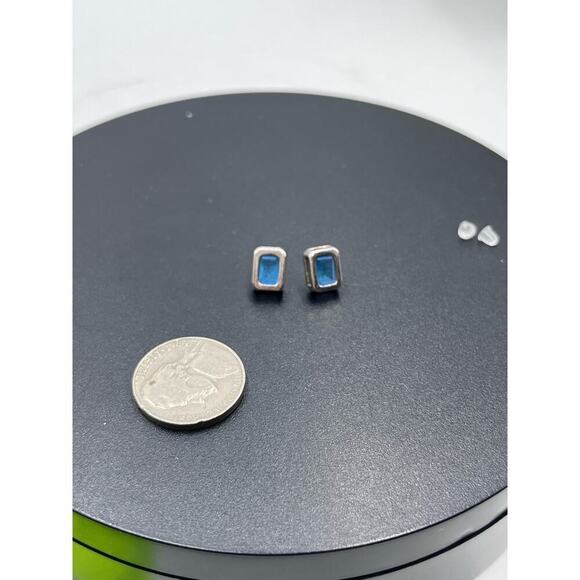 Sterling Silver Stamped 925 Rectangular Blue Stone Stud Earrings - Picture 12 of 14